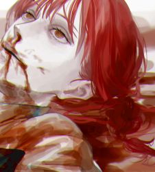 Rule 34 | 1girl, blood, blood in hair, blood on clothes, blood on face, braid, braided ponytail, chainsaw man, highres, juzoh13, looking up, lying, makima (chainsaw man), medium hair, nosebleed, on back, open mouth, pool of blood, red hair, ringed eyes, shirt, solo, white shirt, yellow eyes