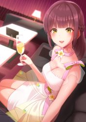 Rule 34 | 1girl, blunt bangs, blurry, blurry background, bow, braid, breasts, brown hair, choker, cleavage, collarbone, commentary request, copyright request, couch, cup, dress, dress bow, etyaduke, french braid, frilled choker, frills, green eyes, highres, holding, holding cup, indoors, large breasts, long hair, looking at viewer, on couch, sidelocks, sitting, solo, virtual youtuber, white choker, white dress