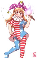 Rule 34 | 1girl, :d, alternate costume, american flag, american flag dress, american flag legwear, blonde hair, blush, braid, clothes lift, clownpiece, clownpiece (cosplay), commentary request, cosplay, curly hair, dated, dress, dress lift, fairy wings, fire, french braid, grey eyes, hat, highres, holding, jester cap, kanon (kurogane knights), kantai collection, lifted by self, long hair, looking at viewer, open mouth, pantyhose, simple background, sketch, smile, solo, striped clothes, striped dress, striped pantyhose, sweat, touhou, wand, white background, wings, zara (kancolle)