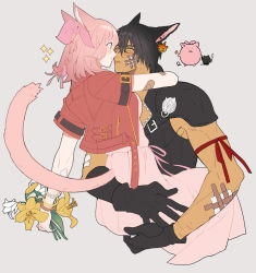 Rule 34 | 1boy, 1girl, aerith gainsborough, aerith gainsborough (cosplay), animal ears, arm around neck, arm ribbon, armor, arms around waist, bandaged arm, bandages, bandaid, black gloves, black hair, black shirt, blush, bomb (final fantasy), bouquet, bracelet, braid, breasts, cat ears, cat tail, cloud strife, cloud strife (cosplay), cosplay, couple, cropped jacket, dress, facial mark, final fantasy, final fantasy vii, final fantasy vii advent children, final fantasy vii remake, final fantasy xiv, flower, gloves, grey background, hair between eyes, hair ribbon, highres, holding, holding bouquet, imminent kiss, jacket, jewelry, kaka ff14, long dress, medium breasts, medium hair, miqo&#039;te, muscular, muscular male, open collar, pink dress, pink hair, red eyes, red jacket, ribbon, shirt, short hair, shoulder armor, sleeveless, sleeveless shirt, sparkle, square enix, tail, tan, upper body, warrior of light (ff14), white flower, yellow eyes, yellow flower