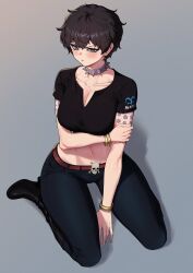 Rule 34 | 1girl, absurdres, belt, black footwear, black hair, black shirt, blue eyes, blush, boots, bracelet, breasts, cleavage, closed mouth, collar, commentary, curvy, doll (one piece), earrings, english commentary, hand on own arm, highres, jewelry, large breasts, looking at viewer, midriff, navel, one piece, shirt, short hair, shouroro, sitting, solo, spiked collar, spikes, tattoo, thighs, wariza, wide hips