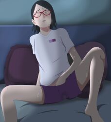 Rule 34 | 1girl, bad tag, bed sheet, black hair, boruto: naruto next generations, closed eyes, female focus, female masturbation, fingering, foot out of frame, glasses, hand under clothes, highres, indoors, knee up, masturbation, naruto (series), on bed, optimystic, pillow, purple shorts, pussy juice stain, red-framed eyewear, shirt, short hair, shorts, sitting, smile, solo, spread legs, sweat, thighs, uchiha sarada, white shirt