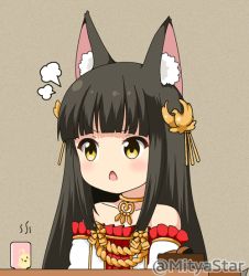 Rule 34 | 1girl, animal ear fluff, animal ears, azur lane, bare shoulders, black hair, blush, brown eyes, chestnut mouth, collarbone, commentary request, cup, detached sleeves, dress, fox ears, hair ornament, long hair, manjuu (azur lane), mitya, nagato (azur lane), open mouth, pleated dress, red dress, solo, strapless, strapless dress, twitter username, upper body, v-shaped eyebrows, white sleeves, yunomi