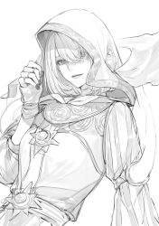 Rule 34 | 1girl, absurdres, bob cut, eyes visible through hair, final fantasy, final fantasy xiv, fingerless gloves, gloves, greyscale, hair over one eye, hand up, highres, hood, hood up, hooded robe, jewelry, looking at viewer, monochrome, nail polish, nymeia, nymeia (ff14), ring, robe, shixiuosamu, short hair, simple background, sketch, smile, solo, upper body, white background