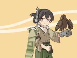 Rule 34 | 1girl, 1other, beige background, bird, blue ribbon, brown eyes, commentary, english commentary, falcon, flight deck, folded ponytail, gloves, green hakama, green kimono, grey gloves, hair ribbon, hakama, hakama short skirt, hakama skirt, japanese clothes, kantai collection, kasuga maru (kancolle), kimono, long hair, looking at viewer, one-hour drawing challenge, ribbon, single glove, sixten, skirt, smile, swept bangs, taiyou (kancolle), tareme, two-tone background