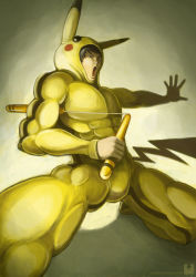Rule 34 | 1boy, bruce lee, bruce lee&#039;s jumpsuit, cosplay, creatures (company), crossover, fighting stance, game freak, gen 1 pokemon, male focus, manly, muscular, nintendo, nunchaku, parody, pikachu, pikachu (cosplay), pokemon, ry-spirit, solo, weapon, what