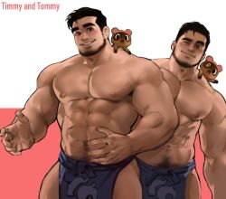 Rule 34 | 2boys, abs, animal crossing, bara, bare pectorals, beard, blush, creature, dopey (dopq), facial hair, highres, large pectorals, looking at viewer, male focus, mature male, multiple boys, muscular, muscular male, mustache, navel, navel hair, nintendo, nipples, on shoulder, one eye closed, pectorals, pelvic curtain, personification, revealing clothes, short hair, sideburns, smile, stomach, thick eyebrows, thick thighs, thighs, timmy (animal crossing), tommy (animal crossing)