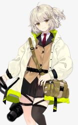Rule 34 | 1girl, arknights, arms at sides, bag, black skirt, black thighhighs, brown jacket, camera, collared shirt, digital camera, feet out of frame, green jacket, highres, infection monitor (arknights), jacket, legs together, long sleeves, miniskirt, miyachi (tanya visha), necktie, open clothes, open jacket, pleated skirt, red necktie, scene (arknights), shirt, shoulder bag, simple background, single thighhigh, skirt, solo, thighhighs, two-sided fabric, two-sided jacket, white background, white jacket, white shirt, zettai ryouiki
