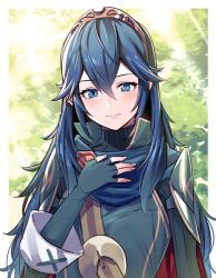 Rule 34 | 1girl, ameno (a meno0), blue cape, blue eyes, blue gloves, blue hair, blue sweater, blush, cape, closed mouth, commentary request, fingerless gloves, fingernails, fire emblem, fire emblem awakening, gloves, hair between eyes, jewelry, long hair, looking at viewer, lucina (fire emblem), nintendo, red cape, ribbed sweater, smile, solo, sweater, tiara, turtleneck, turtleneck sweater, two-tone cape, very long hair