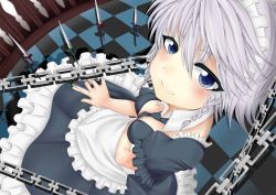 Rule 34 | 1girl, absurdres, apron, arm rest, bad id, bad pixiv id, between fingers, blue eyes, breasts, chain, checkered floor, cleavage, frilled skirt, frills, from above, highres, holding, izanagi k (twilight crow), izayoi sakuya, knife, looking at viewer, maid headdress, necktie, shadow, short hair, short sleeves, silver hair, skirt, smile, solo, touhou, waist apron
