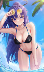 Rule 34 | 1girl, absurdres, adjusting eyewear, alternate costume, arm support, armpits, bent over, bikini, black bikini, blue archive, blue sky, blurry, blush, breasts, chisi, cleavage, collarbone, depth of field, eyewear on head, hair between eyes, halo, highres, horizon, large breasts, lens flare, long hair, looking at viewer, medium breasts, navel, ocean, outdoors, parted bangs, purple eyes, purple hair, sidelocks, sky, sleeveless, smile, solo, spaghetti strap, stomach, sunglasses, swimsuit, two side up, yuuka (blue archive)