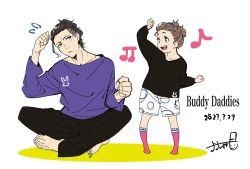Rule 34 | 1boy, 1girl, :d, arm up, beamed eighth notes, black hair, black pants, black shirt, brown eyes, buddy daddies, child, clenched hand, crossed legs, dancing, dated, hair tie, hair up, highres, musical note, oohigashi yurie, open mouth, pants, pink socks, purple shirt, shirt, shorts, signature, simple background, sitting, sketch, smile, socks, suwa rei, unasaka miri, white background, white shorts