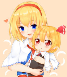 Rule 34 | 2girls, aged down, alice margatroid, black dress, blonde hair, blue dress, blue eyes, capelet, carrying, chiroshiron, dress, hair ribbon, hairband, heart, multiple girls, open mouth, ribbon, rumia, smile, touhou