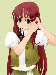 Rule 34 | 1girl, adjusting hair, blue eyes, braid, embodiment of scarlet devil, female focus, hairband, hairdressing, hong meiling, itsukage, long hair, mouth hold, red hair, simple background, solo, touhou