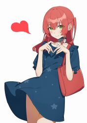 Rule 34 | 1girl, bag, blue dress, blush, bocchi the rock!, choker, collarbone, dress, frilled choker, frilled dress, frills, green eyes, handbag, heart, heart hands, highres, kita ikuyo, long hair, looking at viewer, one side up, puffy short sleeves, puffy sleeves, red bag, red hair, short dress, short sleeves, simple background, smile, split mouth, star (symbol), star print, white background, wind, wind lift, xpsuv