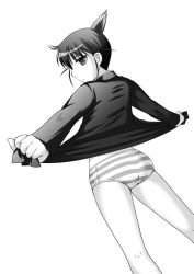 Rule 34 | animal ears, ass, from behind, legs, monochrome, panties, short hair, sketch, striped clothes, striped panties, underwear