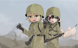 Rule 34 | 2girls, army, bandage over one eye, bandages, bare tree, belt, black belt, black hair, blonde hair, blood, bloody bandages, blue eyes, braid, brown belt, buttons, coat, combat helmet, commentary request, crying, crying with eyes open, dirt, facial scar, feet out of frame, flag, fuka (kantoku), gas mask, green coat, green headwear, grey pupils, grey sky, hair over shoulder, helmet, highres, holding, holding flag, long sleeves, looking at viewer, mask, medium hair, multiple girls, open mouth, original, outdoors, scar, scar on cheek, scar on face, short hair, sidelocks, sky, soldier, surrendering, tears, tree, unworn mask