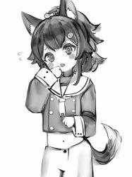 1girl, animal ears, belt collar, blush stickers, collar, cosplay, cowboy shot, double-breasted, flying sweatdrops, greyscale, hair ornament, hairclip, hairpin, head tilt, highres, hololive, long sleeves, looking at viewer, mini necktie, monochrome, nanashi (nlo), necktie, nekomata okayu, nekomata okayu (cosplay), ookami mio, pants, parted lips, ponytail, sailor collar, school uniform, serafuku, solo, tail, wolf ears, wolf girl, wolf tail, younger