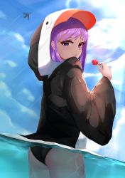 Rule 34 | 1girl, absurdres, aircraft, airplane, animal costume, ass, bad id, bad pixiv id, bikini, bikini under clothes, black bikini, blue eyes, blue sky, candy, cloud, commentary request, cowboy shot, day, fate/grand order, fate (series), food, from behind, highres, holding, holding food, lollipop, long sleeves, looking at viewer, looking back, meltryllis, meltryllis (fate), meltryllis (swimsuit lancer) (fate), meltryllis (swimsuit lancer) (first ascension) (fate), outdoors, partially submerged, partially underwater shot, penguin costume, purple hair, short hair, skai kun, sky, solo, swimsuit, underwater, wading, water, wide sleeves