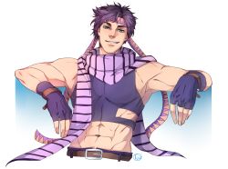 Rule 34 | 1boy, abs, arm rest, battle tendency, belt, crop top, fingerless gloves, gloves, green eyes, headband, highres, jojo no kimyou na bouken, joseph joestar, joseph joestar (young), looking at viewer, male focus, muscular, pink scarf, purple hair, scarf, signature, smile, soldagarius, solo, striped clothes, striped scarf, upper body