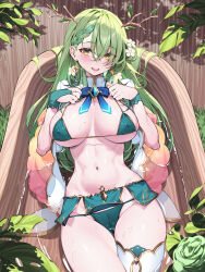 Rule 34 | 1girl, antlers, bathtub, bikini, blush, branch, breasts, cameltoe, ceres fauna, cleft of venus, covered erect nipples, earrings, flower, green bikini, green hair, hair flower, hair ornament, highres, hololive, hololive english, horns, jewelry, large breasts, leaf, long hair, mole, mole under eye, navel, open mouth, single thighhigh, smile, solo, stomach, swimsuit, thighhighs, virtual youtuber, water, waterring, wet, white flower, white thighhighs, yellow eyes