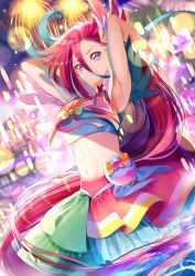 Rule 34 | 1girl, absurdres, armpits, blue hair, bow, closed mouth, cowboy shot, crop top, cure flamingo, fireworks, hair between eyes, highres, layered skirt, long hair, looking at viewer, magical girl, midriff, multicolored hair, orange bow, pouch, precure, purple eyes, red hair, red skirt, skirt, smile, solo, standing, star (symbol), streaked hair, takizawa asuka, tropical-rouge! precure, two-tone hair, water, wet, white skirt, yuutarou (fukiiincho)