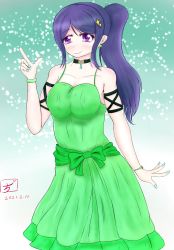 Rule 34 | 1girl, anko jigoku2, aqua nails, arsem gadudon, artist name, artist request, bare shoulders, black choker, blue hair, blush, bow, bracelet, breasts, choker, cleavage, collarbone, dress, dress bow, earrings, female focus, frog earrings, green bow, green bracelet, green dress, green skirt, hair between eyes, highres, jewelry, long hair, looking at viewer, love live!, love live! sunshine!!, matsuura kanan, medium breasts, nail, nail polish, parted lips, pearl bracelet, pointing, pointing up, ponytail, purple eyes, skirt, smile, solo, sparkle hair ornament