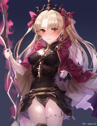 Rule 34 | 1girl, bad id, bad pixiv id, blonde hair, blush, cape, earrings, ereshkigal (fate), fate/grand order, fate (series), hair ribbon, jewelry, kim eb, long hair, looking at viewer, polearm, red cape, red eyes, red ribbon, ribbon, simple background, solo, spear, sweatdrop, tohsaka rin, twintails, two side up, weapon
