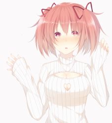 Rule 34 | 10s, 1girl, breasts, cleavage, cleavage cutout, clothing cutout, heart-shaped hole, kaname madoka, mahou shoujo madoka magica, mahou shoujo madoka magica (anime), meme attire, open-chest sweater, pink hair, short hair, simple background, sleeves past wrists, solo, sweater, twintails, yusumisu