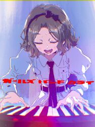 Rule 34 | 1girl, belt, black hairband, black necktie, bow hairband, brown hair, chromatic aberration, closed eyes, commentary request, ebizuka tomo, girls band cry, hairband, highres, instrument, keyboard (instrument), long sleeves, medium hair, morotomi, music, necktie, open mouth, playing instrument, shirt, singing, solo, sweat, white shirt