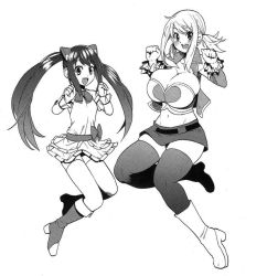 Rule 34 | 2girls, boots, breasts, cleavage, fairy tail, greyscale, huge breasts, lucy heartfilia, monochrome, multiple girls, navel, ribbon, skirt, smile, tamagoroo, twintails, wendy marvell
