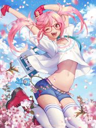 Rule 34 | 1girl, ;d, ankle boots, arms up, bag, belt, belt buckle, blue shorts, blue sky, boots, breasts, buckle, cherry blossoms, cleavage, cloud, cloudy sky, collarbone, crop top, crop top overhang, cross-laced footwear, day, fingerless gloves, fingernails, furyou michi ~gang road~, glasses, gloves, highres, jumping, lace-up boots, long hair, medium breasts, midair, midriff, nail polish, navel, one eye closed, open mouth, osuk2, outdoors, pink belt, pink eyes, pink hair, pink nails, red-framed eyewear, red gloves, shiny skin, shirt, short hair, short shorts, short sleeves, shorts, shoulder bag, skindentation, sky, smile, solo, stomach, teeth, thighhighs, tongue, twintails, white shirt, white thighhighs