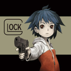 Rule 34 | 1girl, closed mouth, eyebrows, glock, glock 26, holding, holding gun, holding weapon, hoodie, jacket, long sleeves, looking at viewer, short hair, solo, upper body, weapon, yutazo 028