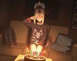 Rule 34 | 1girl, absurdres, airpods, backpack, bag, bare legs, bintz, birthday, birthday cake, black choker, black hair, black hoodie, black shirt, blue archive, bright pupils, bulletin board, cake, candle, choker, collarbone, couch, crying, demon horns, demon wings, dutch angle, food, gift, grin, hair between eyes, halo, hanging scroll, happy birthday, happy tears, highres, holding, holding gift, hood, hoodie, horns, kayoko (blue archive), long sleeves, medium hair, mole, mole on collarbone, multicolored hair, on couch, one eye closed, pillow, pleated skirt, red eyes, red skirt, scroll, shirt, sidelocks, single wing, sitting, skirt, smile, solo, streaked hair, tearing up, tears, teeth, thigh gap, thighs, white hair, white pupils, wings, wireless earphones, zipper