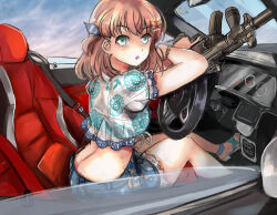 Rule 34 | 1girl, :o, absurdres, aqua eyes, assault rifle, blue shorts, breasts, brown hair, car, car interior, commentary, convertible, cropped shirt, crossed bangs, denim, denim shorts, frilled shirt, frills, from side, gun, hair ornament, hairclip, highres, hinoshita kaho, holding, holding gun, holding weapon, lace-trimmed shorts, lace trim, link! like! love live!, looking at viewer, losslessarts, love live!, medium breasts, medium hair, midriff, motor vehicle, natsumeki pain (love live!), open mouth, rifle, sandals, shirt, short shorts, short sleeves, shorts, sitting, solo, two side up, v-shaped eyebrows, virtual youtuber, weapon, white shirt