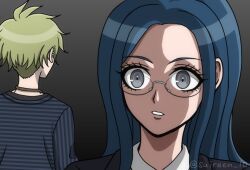 1boy 1girl amami_rantaro antenna_hair artist_name black_background black_jacket collared_shirt danganronpa_(series) danganronpa_v3:_killing_harmony ear_piercing from_behind glasses gradient_background green_hair grey_background grey_eyes jacket jewelry necklace piercing portrait shirogane_tsumugi shirt striped_clothes striped_shirt suiren_yurei teeth