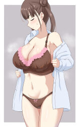 Rule 34 | 1girl, absurdres, bra, breasts, brown bra, brown hair, brown panties, closed eyes, closed mouth, collarbone, collared shirt, double bun, dress shirt, hair bun, highres, idolmaster, idolmaster shiny colors, large breasts, long sleeves, navel, open clothes, open shirt, panties, shirt, solo, sonoda chiyoko, standing, stomach, twintails, underwear, undressing, white shirt, zhi (papercraft8559)