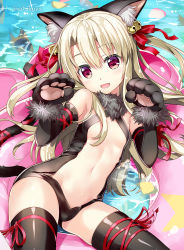 Rule 34 | 1girl, animal ears, animal hands, black gloves, black leotard, black thighhighs, blush, breasts, cat ears, cat tail, commentary request, dangeroes beast (illya), elbow gloves, fake animal ears, fate/grand order, fate/kaleid liner prisma illya, fate (series), fujima takuya, fur trim, gloves, hair between eyes, illyasviel von einzbern, innertube, leotard, long hair, looking at viewer, lying, navel, official alternate costume, on back, open mouth, paw gloves, red eyes, shiny skin, small breasts, solo, swim ring, tail, thighhighs, water, white hair