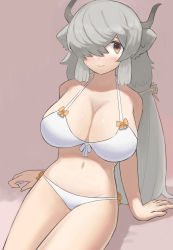 Rule 34 | 1girl, absurdres, adapted costume, animal ears, bad id, bad pixiv id, bare arms, bare shoulders, bikini, breasts, brown eyes, cleavage, grey hair, hair over one eye, highres, horns, huge breasts, kemono friends, light blush, long hair, navel, one eye covered, simple background, smile, solo, swimsuit, very long hair, white bikini, yak (kemono friends), zuchi00
