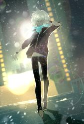 Rule 34 | 1girl, aoba moca, aqua scarf, backlighting, bang dream!, black jacket, black pants, blurry, blurry background, bracelet, commentary request, covering face, full body, grey hair, hand on own face, jacket, jewelry, lens flare, long sleeves, mamaloni, midriff peek, no eyes, open mouth, pants, parody, scarf, short hair, smile, solo, walking