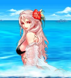 Rule 34 | 00s, artist request, bikini, cloud, day, dungeon and fighter, female slayer (dungeon and fighter), flower, ocean, red eyes, see-through, sky, solo, source request, swimming, swimsuit, water, white hair