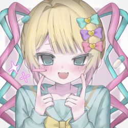 Rule 34 | 1girl, :d, blonde hair, blue bow, blue eyes, blue hair, blue shirt, blunt bangs, blush, blush stickers, bow, chouzetsusaikawa tenshi-chan, commentary request, fang, fingers to cheeks, hair bow, hair ornament, hands up, heart, heart hair ornament, highres, long hair, long sleeves, looking at viewer, multicolored hair, needy girl overdose, open mouth, pill, pink bow, pink hair, purple bow, quad tails, sailor collar, shirt, sina25, skin fang, smile, solo, twintails, upper body, yellow bow