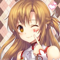 Rule 34 | 10s, 1girl, ;), argyle, argyle background, argyle clothes, armor, artist name, asuna (sao), bad id, bad pixiv id, bare shoulders, blush, breastplate, brown eyes, brown hair, detached sleeves, drawing on another&#039;s face, heart, long hair, looking at viewer, lowres, momoko (momopoco), one eye closed, smile, solo, sword art online, wink