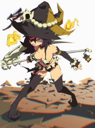 Rule 34 | 1girl, absurdres, aetherion, angry, bikini, bone, breasts, chromatic aberration, detached sleeves, eyepatch, fireball, full body, hat, hat ornament, highres, leaning forward, magic, medium breasts, open mouth, original, sharp teeth, skull bikini, skull hat ornament, solo, staff, standing, swimsuit, teeth, witch, witch hat