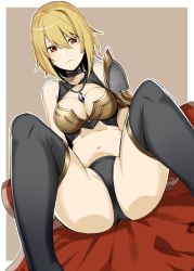 Rule 34 | 1girl, armor, bad id, bad pixiv id, bare shoulders, bikini armor, black thighhighs, blonde hair, breasts, choker, cleavage, doko tetora, dutch angle, frown, hair between eyes, jewelry, looking at viewer, navel, necklace, original, outline, red eyes, short hair, simple background, sleeveless, solo, spread legs, thighhighs, white outline