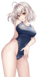 Rule 34 | 1girl, ahoge, bad id, bad pixiv id, bare legs, blue one-piece swimsuit, breasts, covered erect nipples, covered navel, fate/grand order, fate (series), highleg, highleg swimsuit, highres, jeanne d&#039;arc (fate), jeanne d&#039;arc alter (avenger) (fate), jeanne d&#039;arc alter (fate), large breasts, mergerri, one-piece swimsuit, short hair, silver hair, simple background, solo, swimsuit, white background, yellow eyes