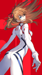 Rule 34 | 1girl, ass, blue eyes, bodysuit, breasts, brown hair, closed mouth, cowboy shot, expressionless, eyepatch, from behind, gloves, hair ornament, highres, long hair, looking at viewer, looking back, nardack, neon genesis evangelion, one eye covered, pale skin, plugsuit, red background, signature, skin tight, small breasts, solo, souryuu asuka langley, two side up, very long hair, white bodysuit, white gloves