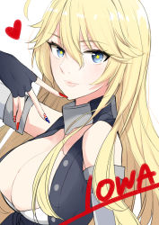Rule 34 | 10s, 1girl, blonde hair, blue eyes, breasts, character name, elbow gloves, fingerless gloves, gloves, heart, highres, iowa (kancolle), kantai collection, large breasts, long hair, looking at viewer, morinaga miki, nail polish, parted lips, solo, star-shaped pupils, star (symbol), symbol-shaped pupils, upper body, white background