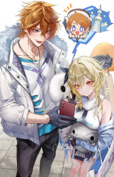 Rule 34 | 1boy, 1girl, absurdres, bag, blonde hair, casual, cellphone, contemporary, fur trim, genshin impact, hair between eyes, hair ornament, height difference, highres, holding, holding bag, holding phone, jacket, jewelry, lumine (genshin impact), narwhal, necklace, open mouth, phone, pottsness, scarf, shopping, shopping bag, short hair with long locks, smartphone, smile, stuffed shrimp, tartaglia (genshin impact), tartaglia (xiaomi) (genshin impact), teucer (genshin impact), tokyo skytree, white scarf, yellow eyes