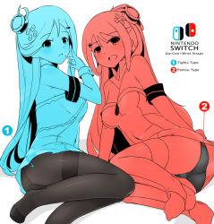 Rule 34 | 1-2-switch, 2girls, arm support, black legwear, black panties, blue theme, blush, breasts, cleavage, come hither, copyright name, detached collar, dress, hair between eyes, hair ornament, joy-con, lace, lace-trimmed panties, lace trim, legs together, long hair, looking at viewer, medium breasts, multiple girls, multiple monochrome, naik, nintendo, nintendo switch, open mouth, original, panties, pantyhose, parted lips, personification, red theme, simple background, sitting, smile, thighband pantyhose, thighhighs, underwear, white background, yokozuwari